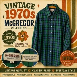 Vintage 1970s McGregor Classics Plaid Button Down Shirt Green Blue Mens XL
